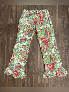 NWOT Mud pie Red, Green, & White Paisley Ruffle Hem Cotton Lounge Panama Pants L